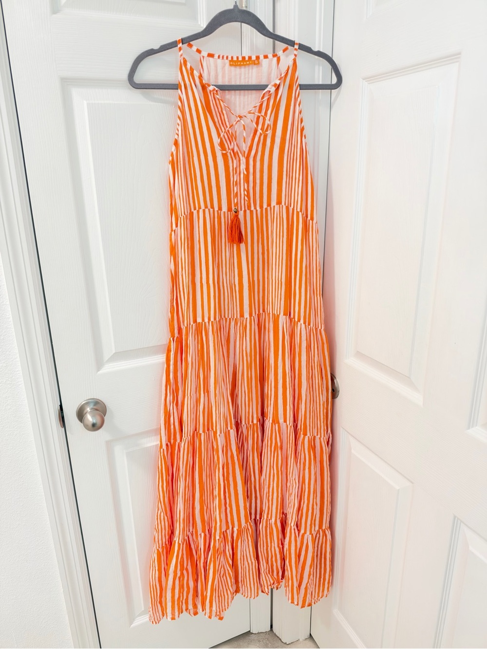 Oliphant Orange White Striped Tiered Cotton Maxi Dress Tassel Tie Halter size S